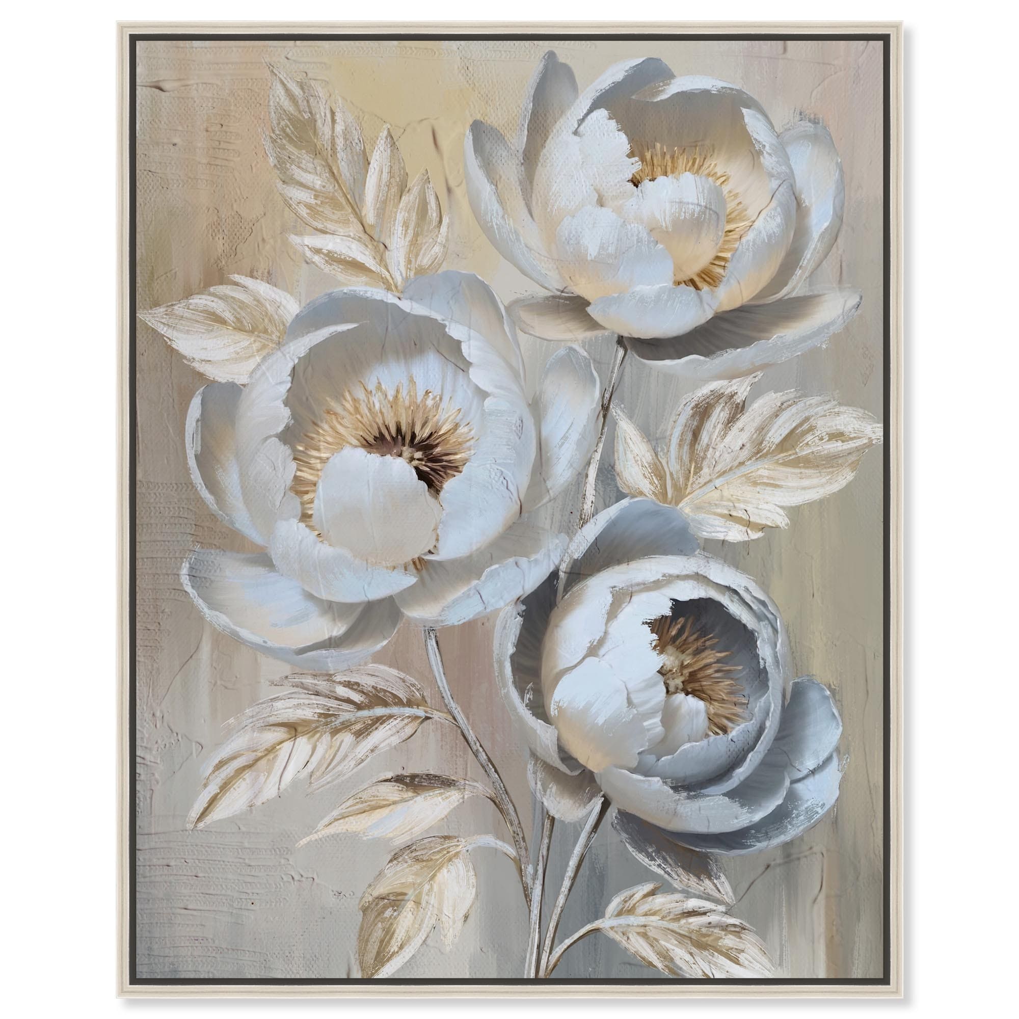 White Flowers Gold Floral Art Framed Canvas Print by Art Remedy