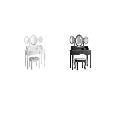 Gymax Vanity Makeup Set W/7 Drawer Tri-Folding Mirror Dressing Table &