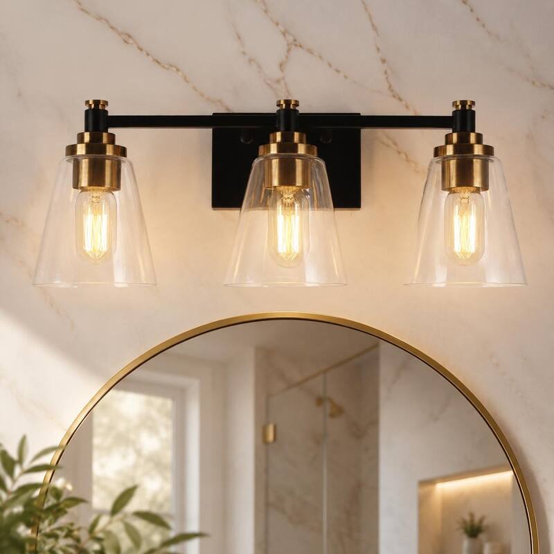 3-Light Modern Black Gold Bathroom Vanity Light Dimmable Cone Wall Sconces