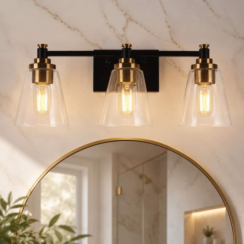 3-Light Modern Black Gold Bathroom Vanity Light Dimmable Cone Wall Sconces