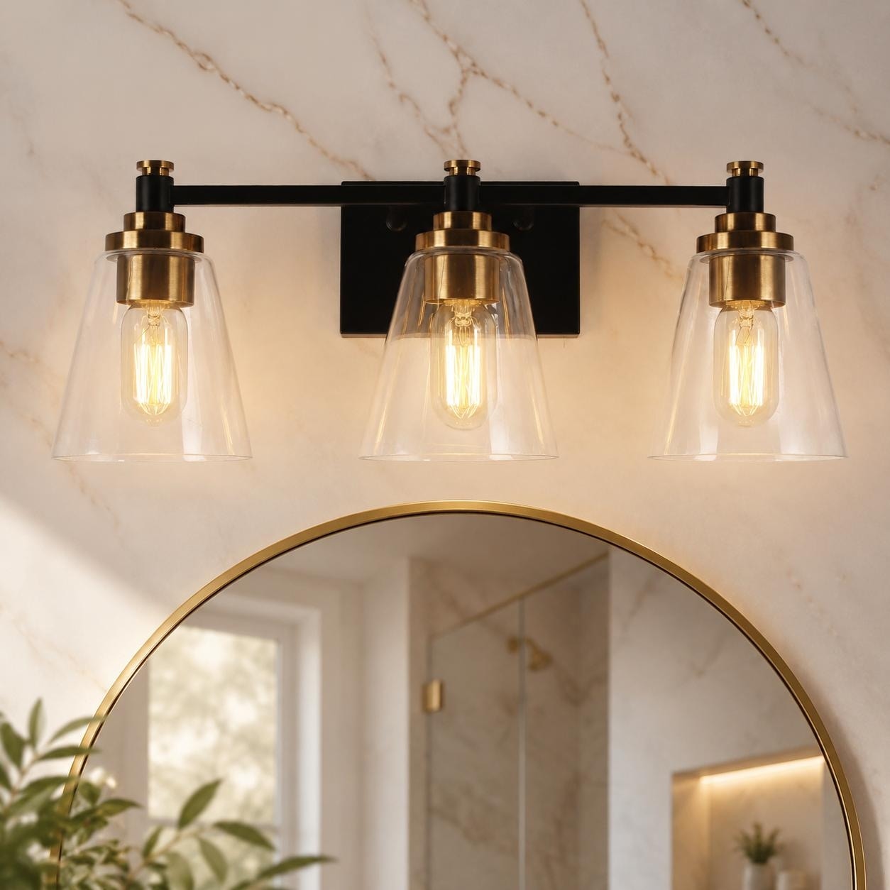 3-Light Modern Black Gold Bathroom Vanity Light Dimmable Cone Wall Sconces
