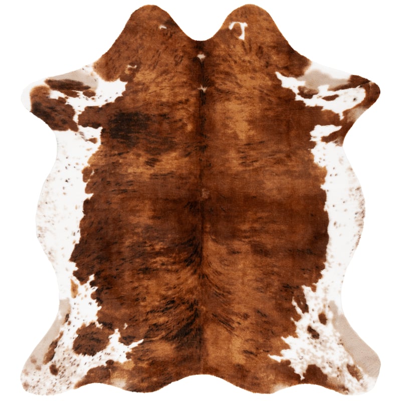SAFAVIEH Faux Cow Hide Oswina Vegan Animal Pelt Pattern Rug - 4'7" x 5'3" - 4'7" x 5'3" - Brown/Ivory