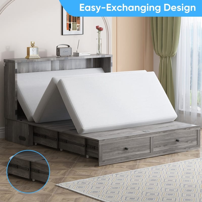 Mixoy Modern Full/Queen Size Murphy Bed Chest with Mattress and Storage