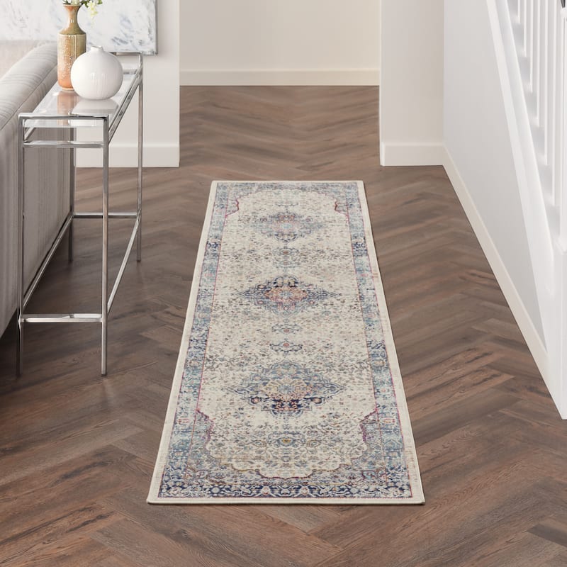 Nourison Vintage Kashan Persian Medallion Area Rug - 2' x 6' - Ivory Blue - Rectangle