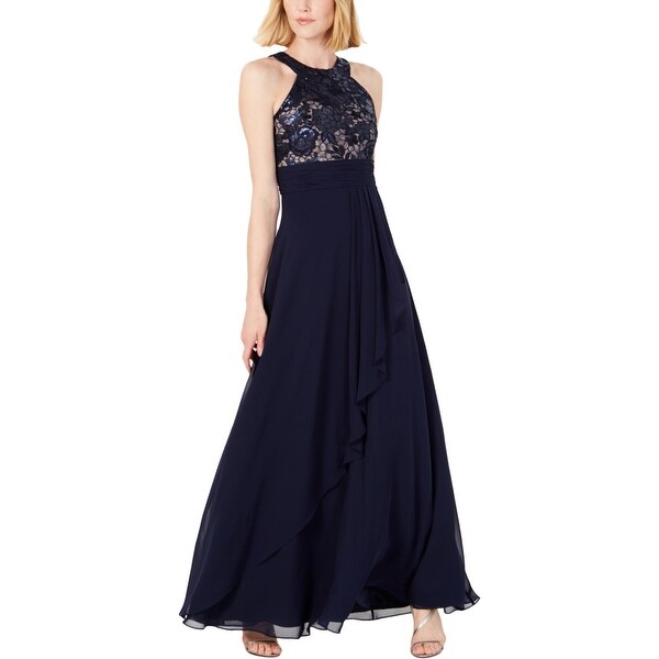 calvin klein pearl neck ruffle draped evening gown