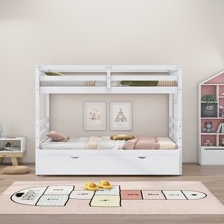 White Twin Over Pull-out Bunk Bed with Trundle, Convertible, Guardrail