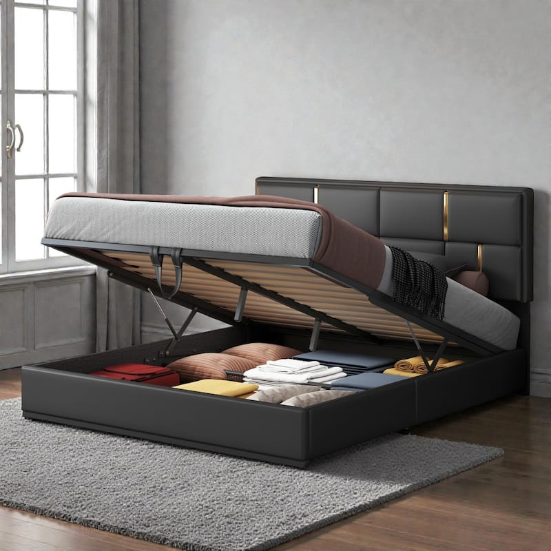 Queen Upholstered Platform Bed with Hydraulic Storage, Soft Fabric Headboard, No Box Spring Needed