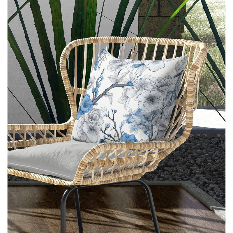Petal Poetry Indoor/Outdoor Reversible Throw Pillow White and Blue