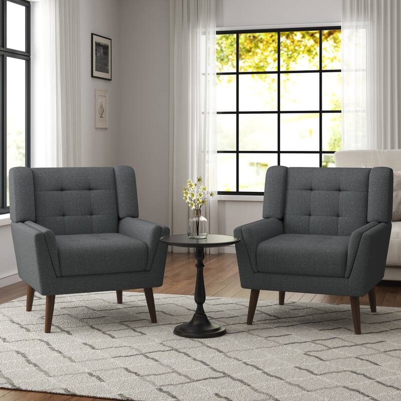 2 Set Mid Century Modern Linen Accent Armchair with Wooden Legs