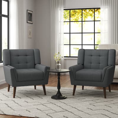 2 Set Mid Century Modern Linen Accent Armchair with Wooden Legs