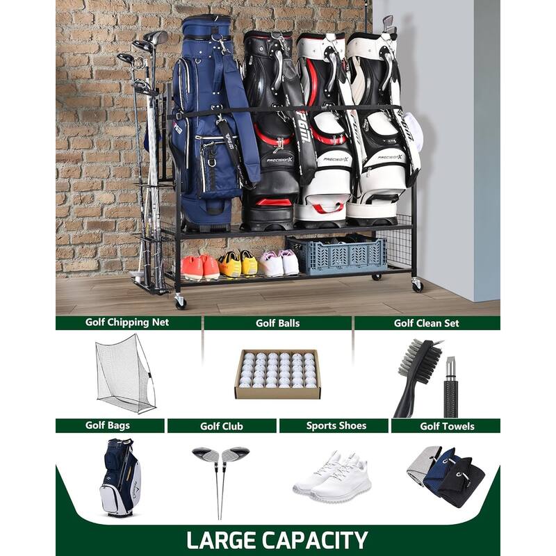 4 Golf Bag Storage Rack Rolling Garage Stand for Clubs and Accessories