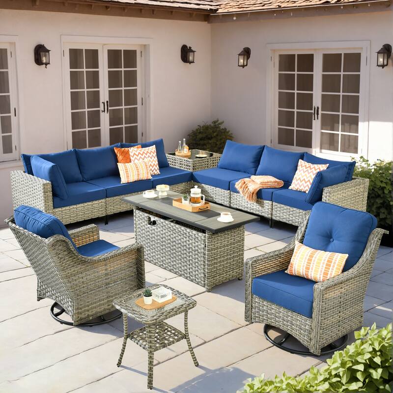 OVIOS 11-Piece Outdoor Wicker Swivel Chair Set With Solar-Powered Coffee Table&Fire Pit - Navy Blue
