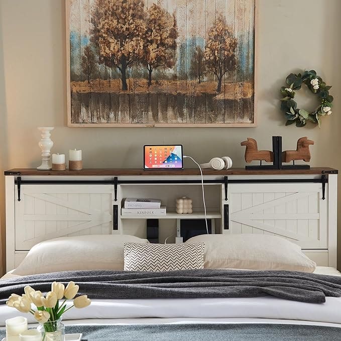 Farmhouse Full Size Bed Frame with Storage Shelves & Charging Station