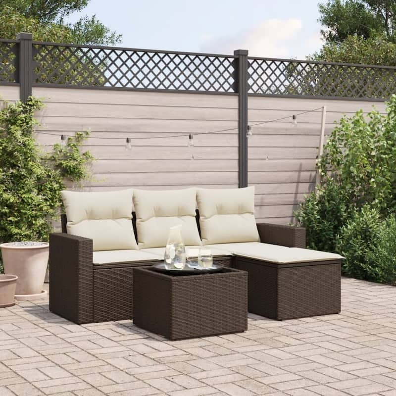 vidaXL Garden Sofa Set Brown PE rattan, powder-coated steel Large - 73.2 x 24.4 x 27.2 in - Brown and cream-With table