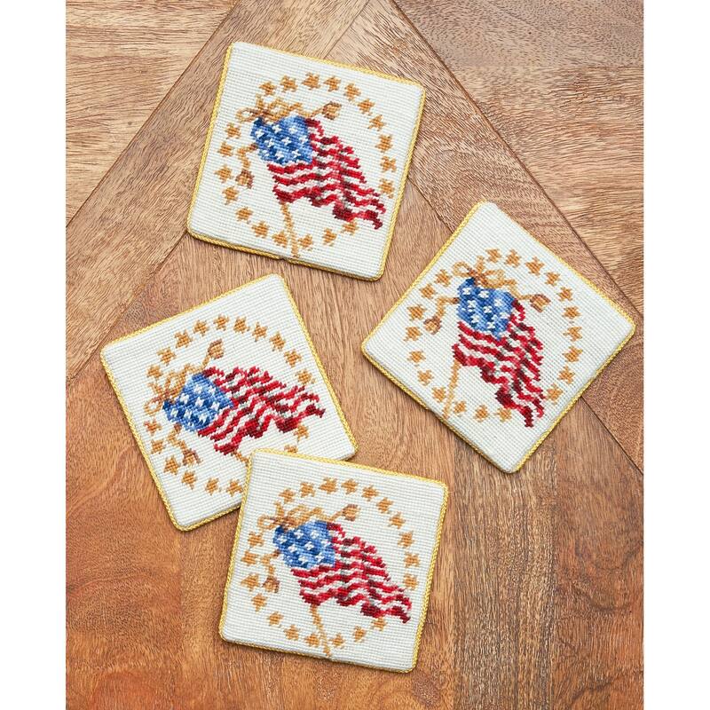 American Flag July Fourth Coaster Petit Point Coaster Set of 4 - White - Set of 4