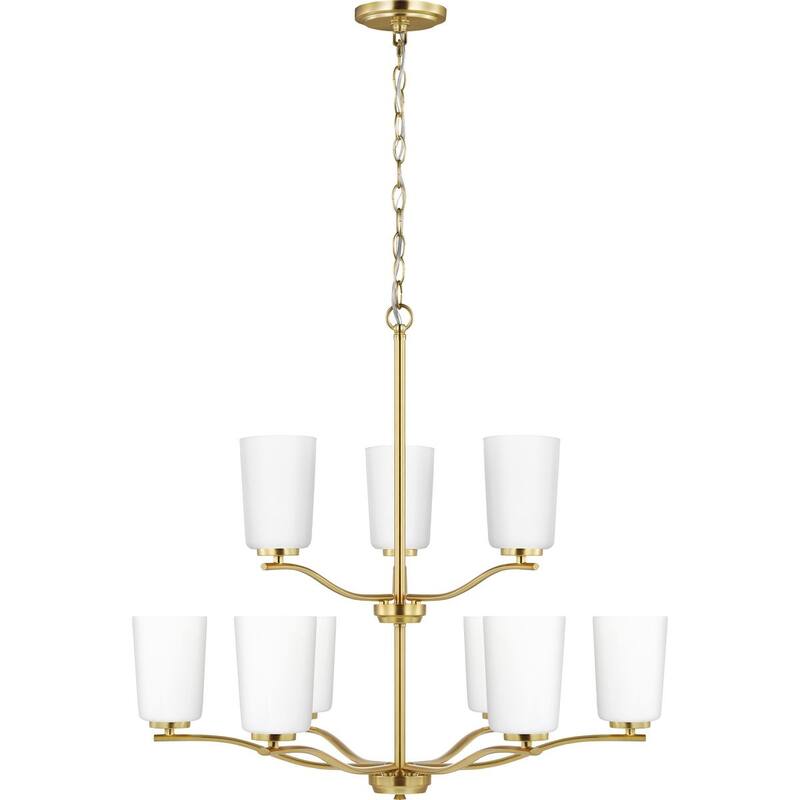Adley Collection Nine-Light Satin Brass Etched White Glass New Traditional Chandelier - 28 in x 28 in x 26.12 in