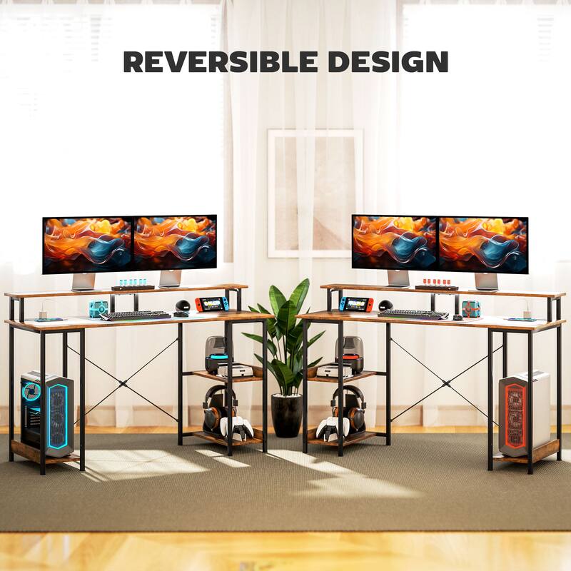 Rustic Brown Gaming Desk with Dual USB Port and Adjustable Monitor Stand Cable Management