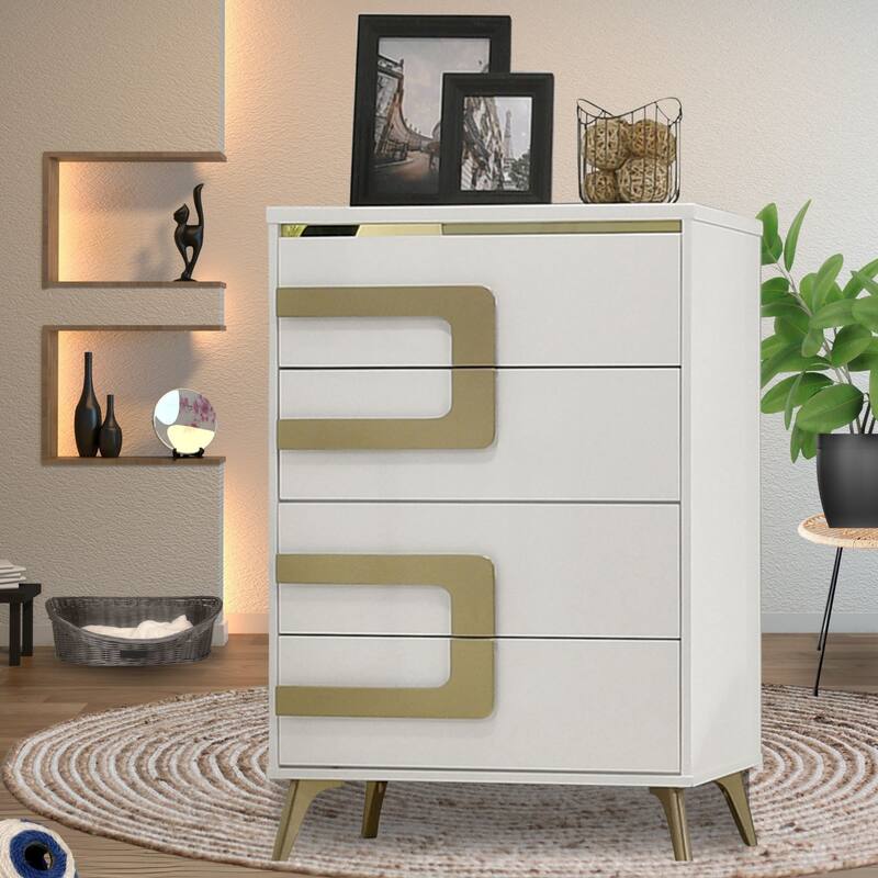 Claire White and Gold Wood 4 Drawer Chest with Modern Hardware - White / Gold