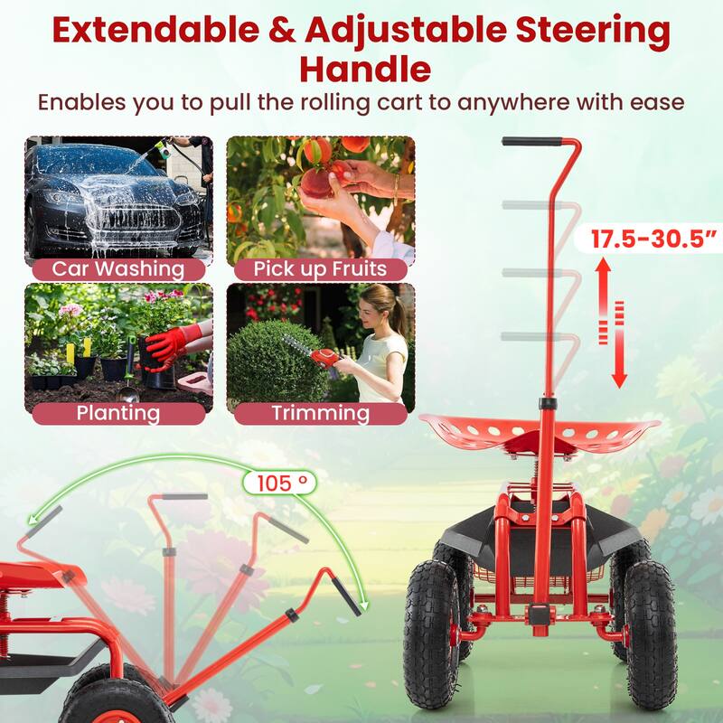 Gymax Rolling Garden Cart Scooter w/ Adjustable Seat Storage Basket