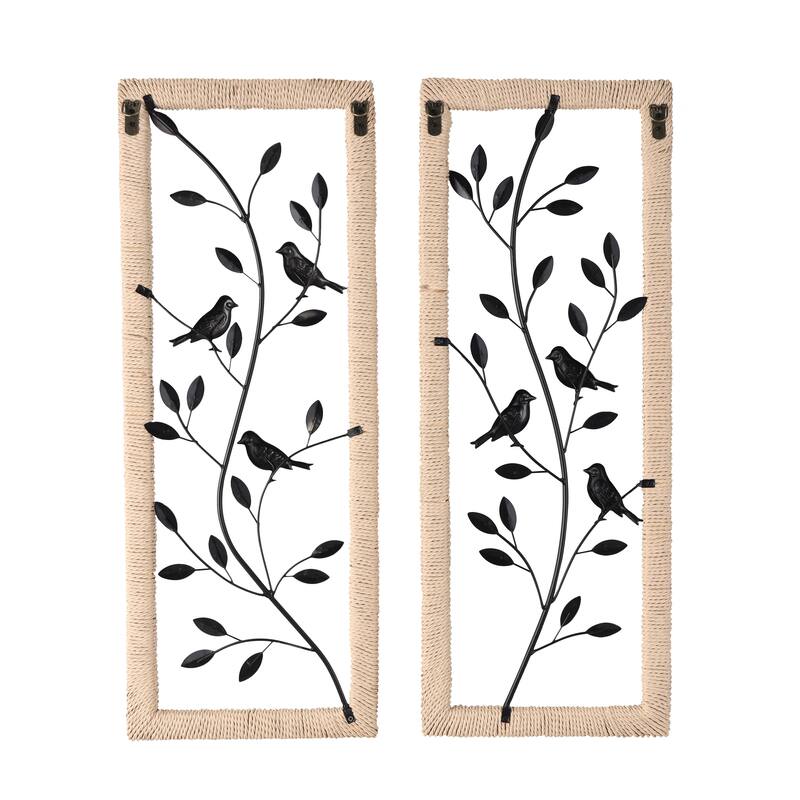 Metal Leaf Wall Decor with Cream Rattan Frame and Bronze Bird Accents - Set of 2 Black - Roche River Decor