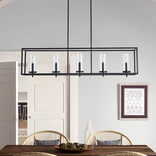 Farmhouse 5-Light Rectangle Metal Frame Kitchen Island Chandelier with Glass Shades