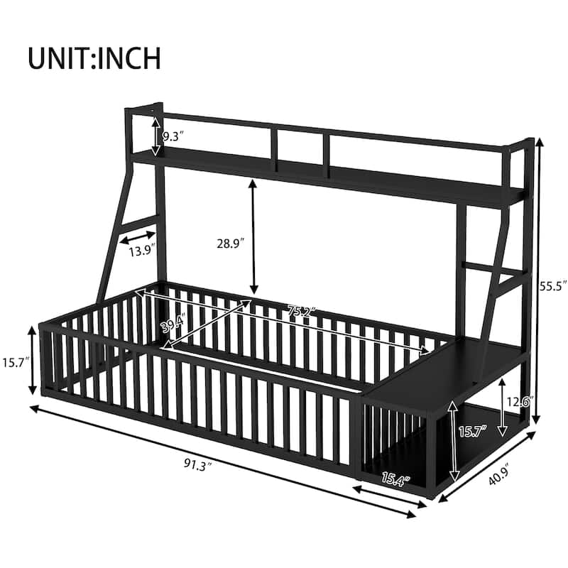 Floor Bed Frame with Safety Fence, Metal Floor Bed with Desk and Storage Shelves
