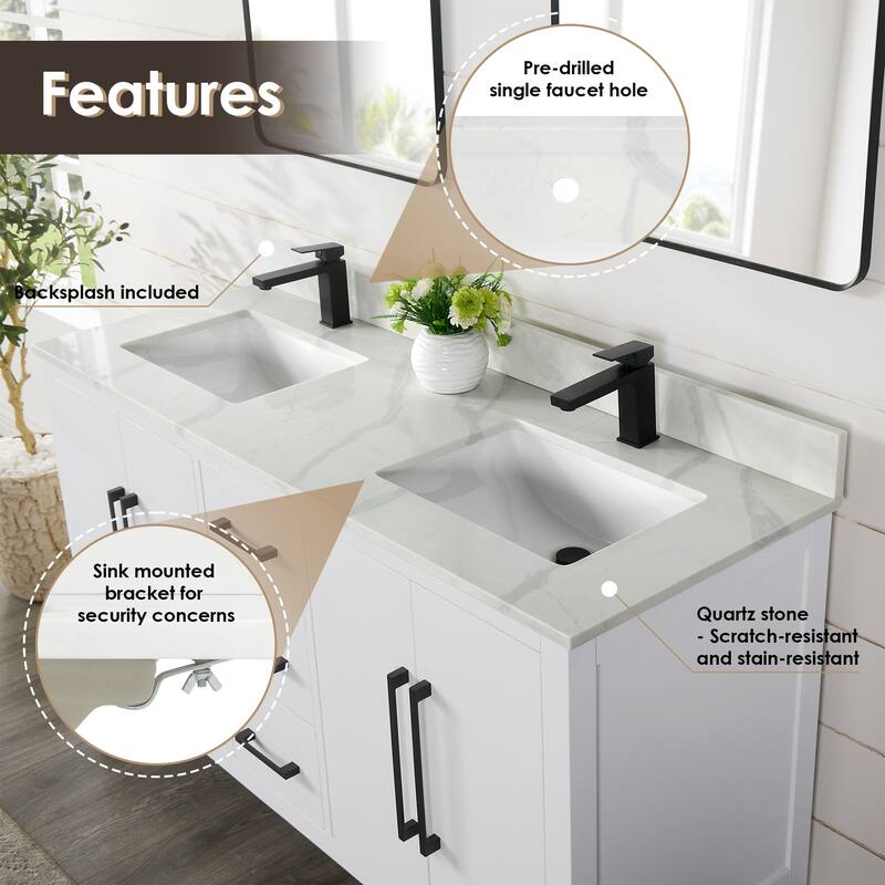 Altair Laurel Bath Vanity with Calacatta White Quartz Stone Countertop without Mirror