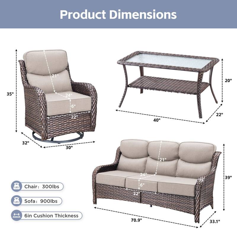Arcadia 4-Piece Wicker Patio Conversation Set with Swivel Gliders and 6-Inch Thick Olefin Cushions