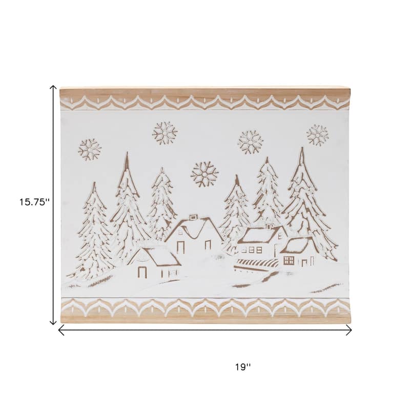 HomeRoots 16" X 19" Natural And White Winter Village Christmas Trees Hanging Wall Decor