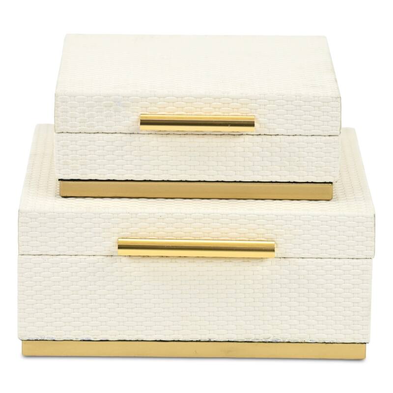 Tamsin Set of 2 Square Decorative Storage Boxes - Wicker Weave Pattern with Gold Hardware