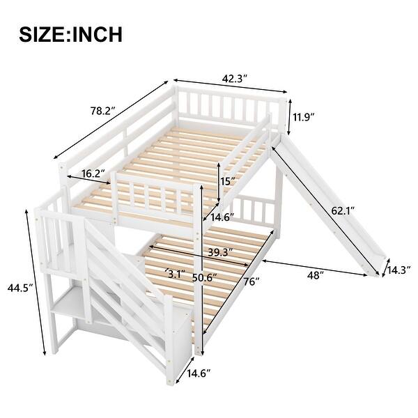 Twin over Twin Bunk Bed with Slide, Stairway, and Storage Shelves, White