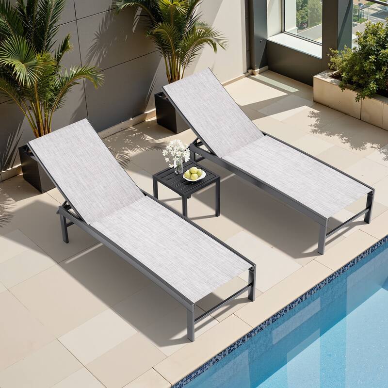 Outdoor All-Weather Chaise Lounge Chairs and Side Table, Sun Lounger with Adjustable Backrest - Earth