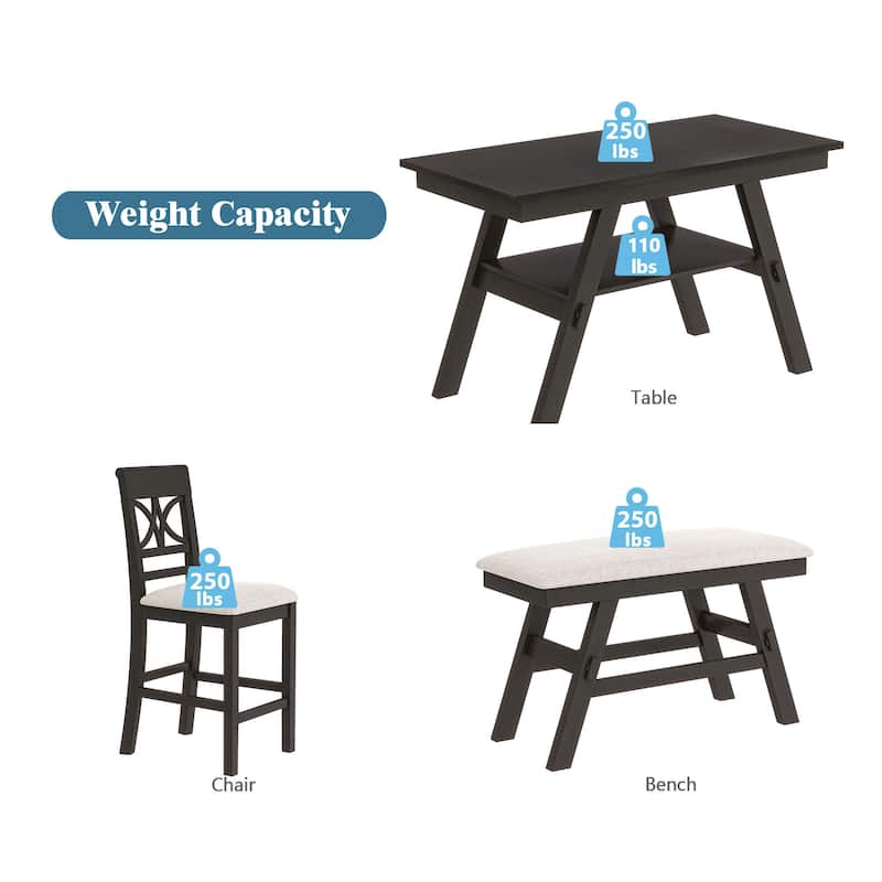 6-Piece Wood Counter Height Dining Table Set with Storage Shelf, Kitchen Table Set with Bench and 4 Chairs,Rustic Style+Cushion - Espresso