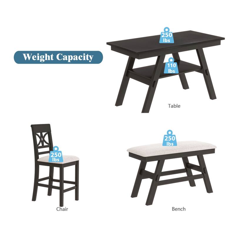 Espresso Rustic 6-Piece Counter Height Wooden Dining Table Set with 4 Chairs