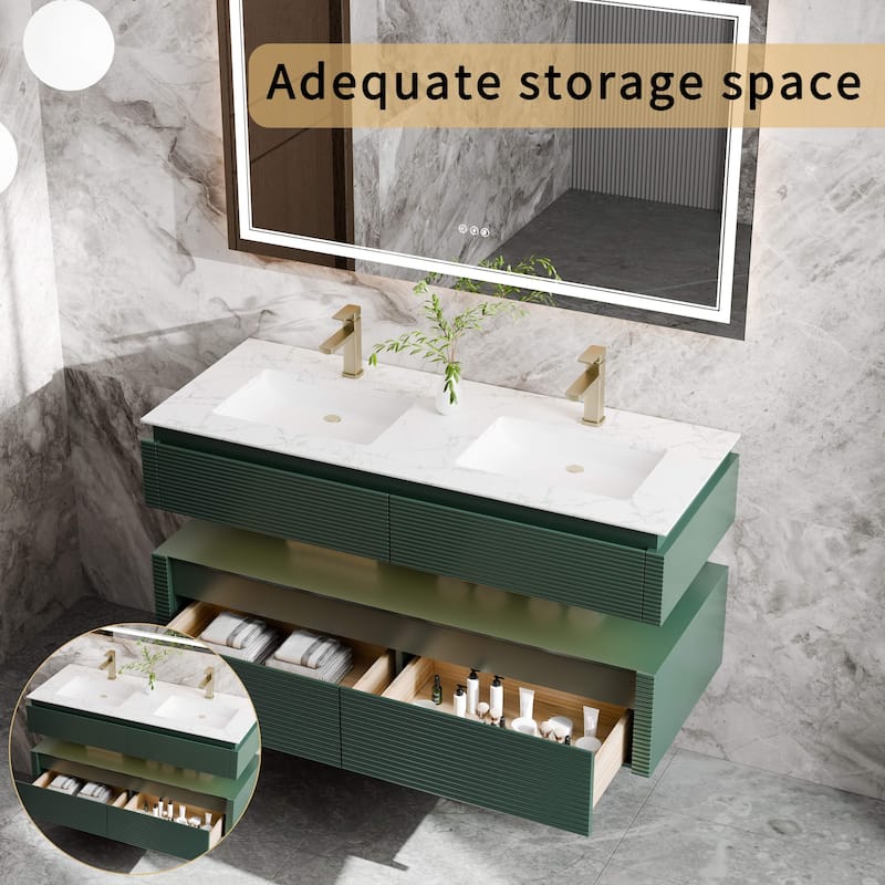 Modland 48" Modern Wall-Mounted Double Sink Bathroom Vanity with Engineered Stone Countertop,LED Light