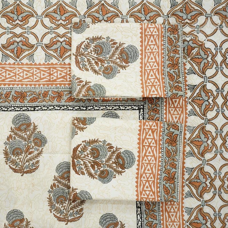 Fabdivine Cotton Hand Block Floral Flat Sheet Bed Room Home Décor Accent Gift