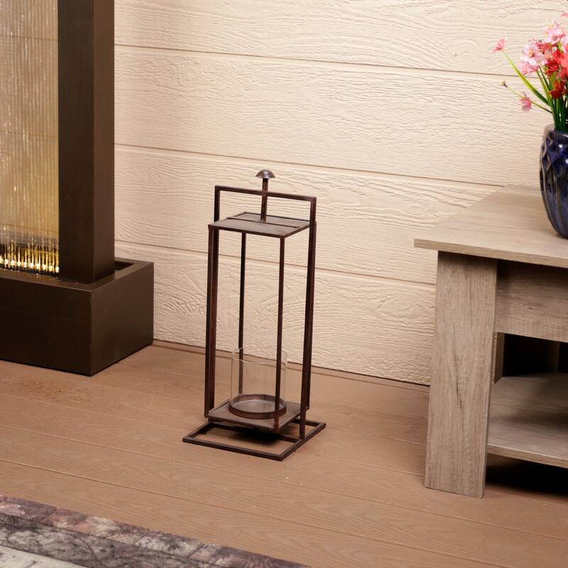Small Grey Rectangular Lantern with Glass Candle Compartment