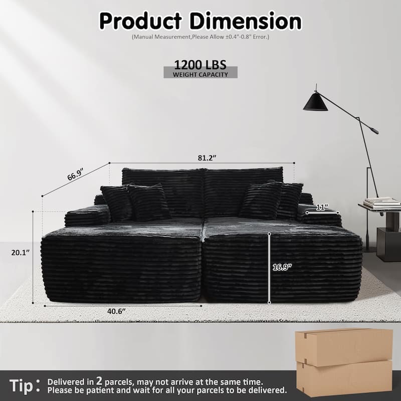 Modern 80''Oversized Double Lounge Chaise Corduroy Upholstered Boneless Cloud Sofa