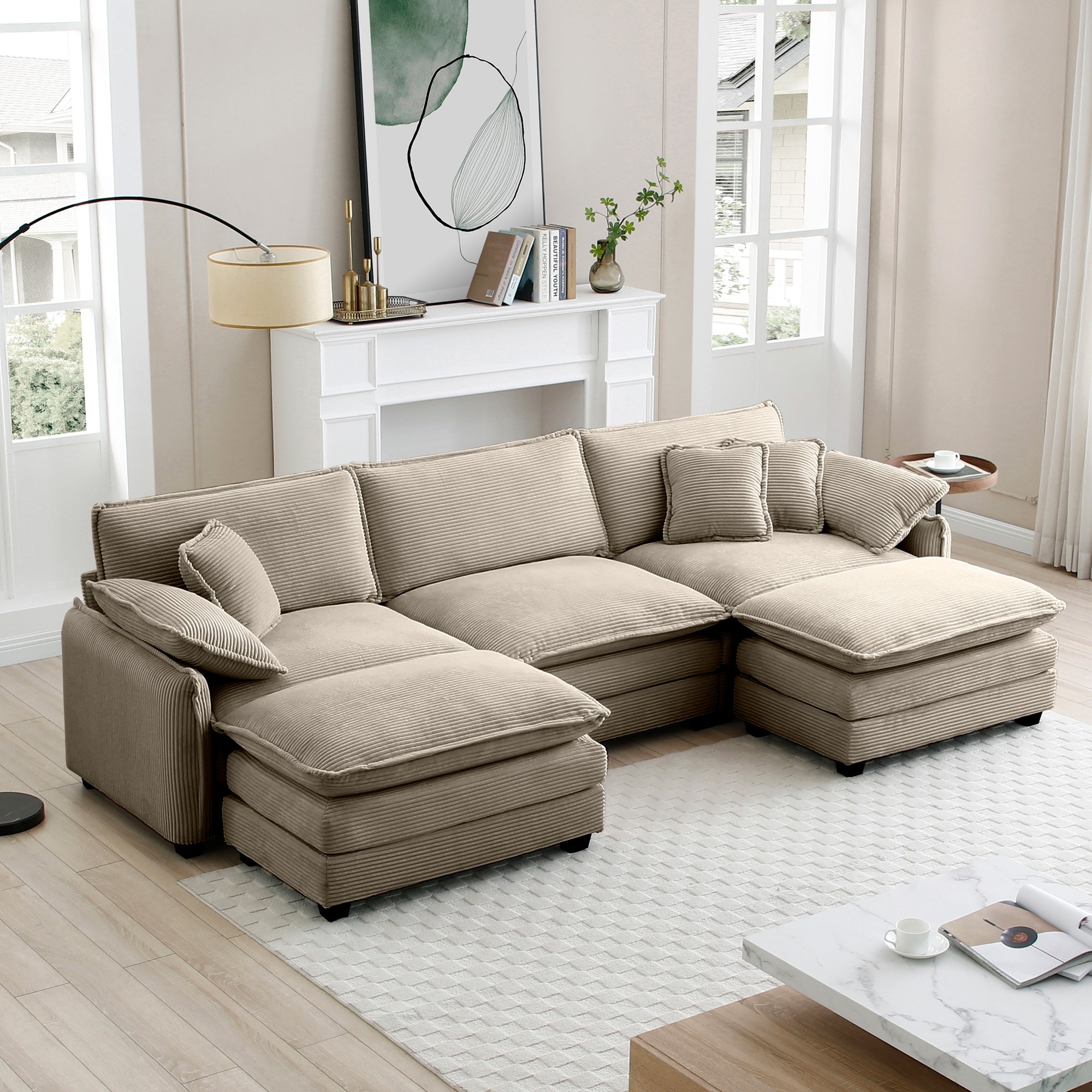 Roomfitters U-Shaped Sectional Sofa with Ottomans, Corduroy Modular Sectional Couch for Living Room
