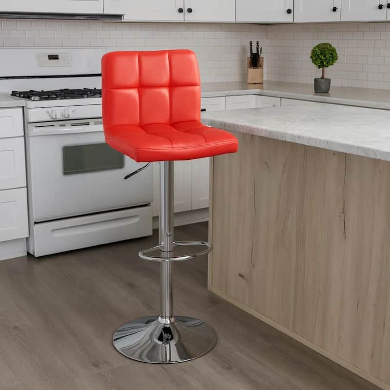 25-29 Inch Swivel Barstool, Set of 2, Cushioned Seat, Red Faux Leather