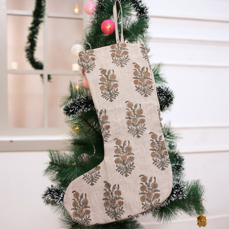 Fabdivine Handmade Christmas Stocking Floral Block Print 10X4.5 Inch Tassel Loop for Home Décor - 10"X4.5"