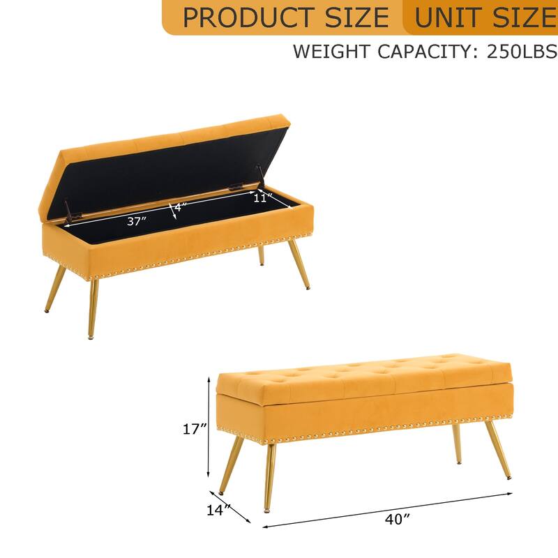 Velvet Storage Ottoman Bench with gold legs and Nailhead Trim for Bedroom/End of Bed/Entryway/Window
