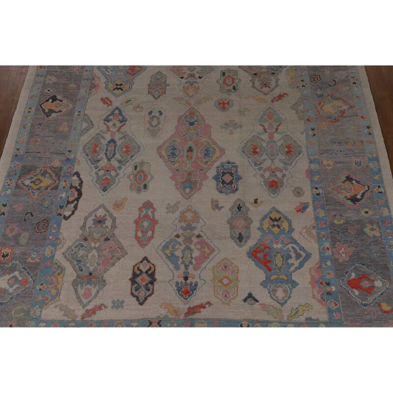 Hand Knotted Oriental 100% Wool Carpet Transitional Geometric Beige & Ivories Oushak Area Rug - 12' 4'' X 8' 11''