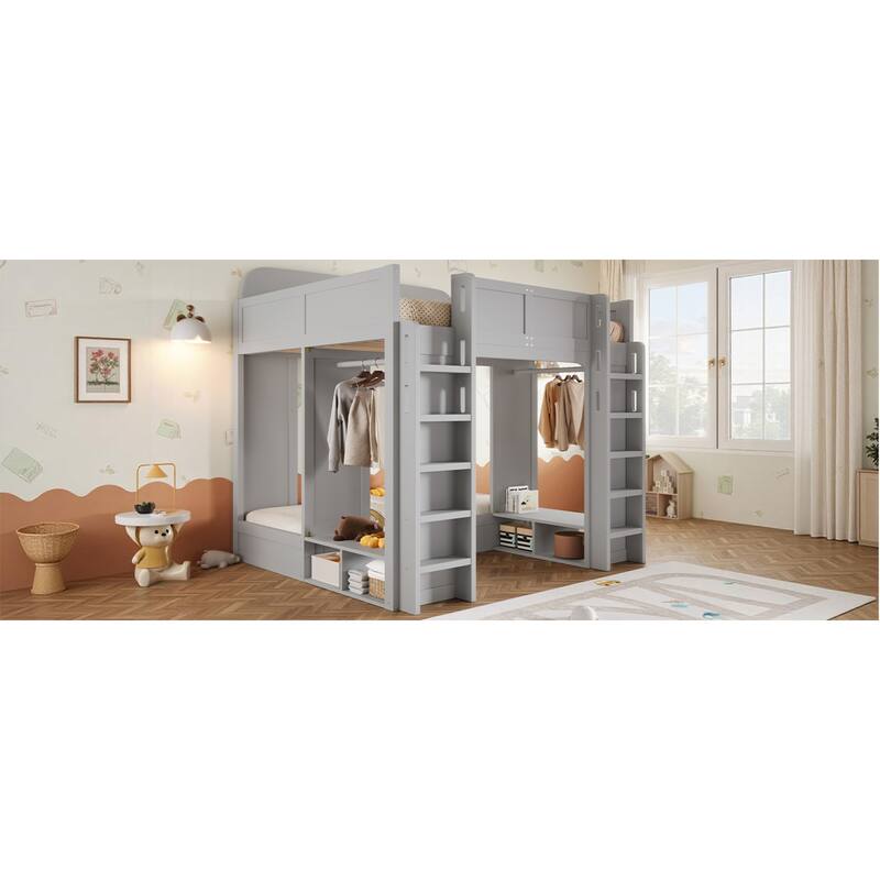 Roomfitters Triple Bunk Bed with Twin, Twin and Twin XL Beds, Storage Shelves and Hooks