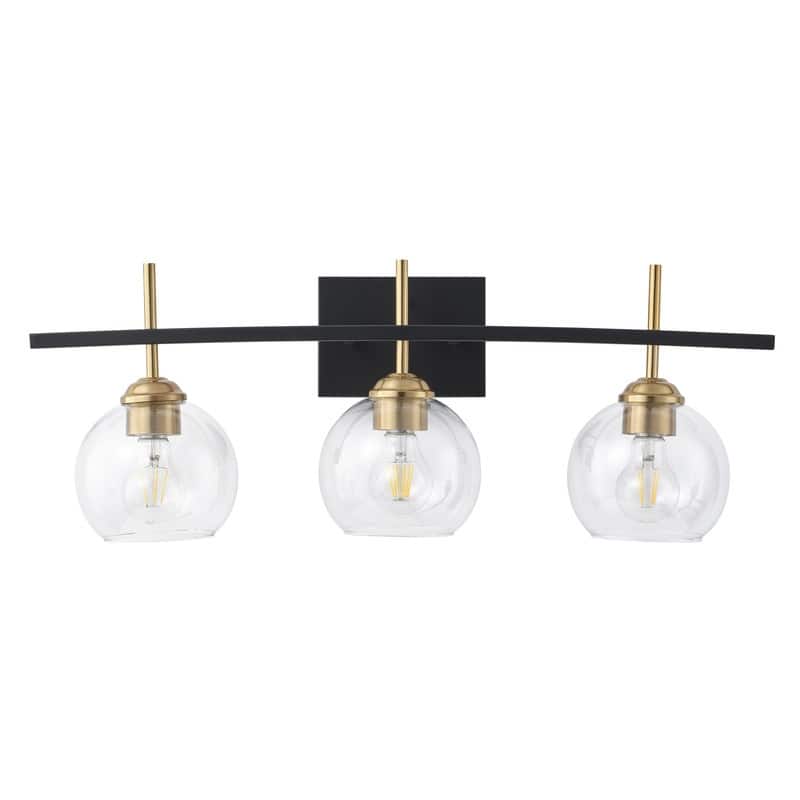 3 Light Industrial Vanity Light Matte Black with Antique Copper Accents Clear Tube Glass Shades