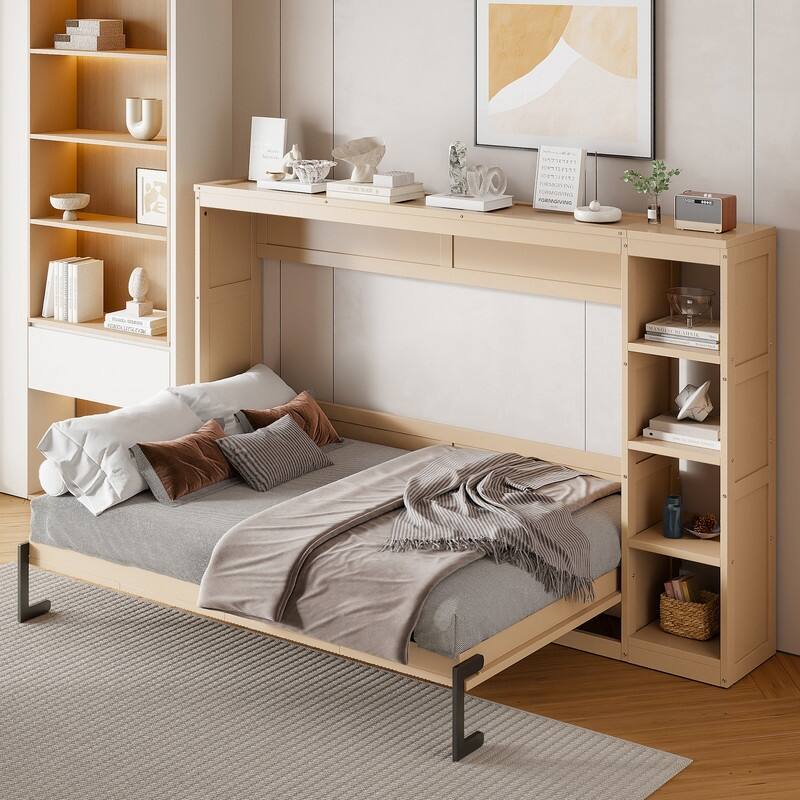 Full Size Murphy Bed with Bookshelf, Foldable Bed Frame with Storage Shelves, Wooden Cabinet Bed with Handle