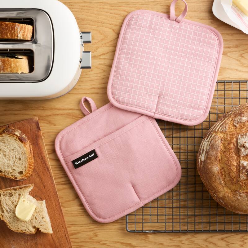 KITCHENAID Gourmet Series Gridlines Pot Holders 2-Pack Set, Heat Resistant up to 600°F, Soft Silicone Grip, Magnetic Cuff