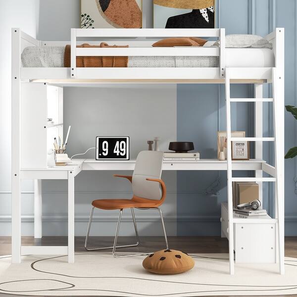slide 2 of 35, Full Size Loft Bed with L-shaped Multi-storage Desk, LED light & USB Charging Station, Wooden Loft Bed Storage Bench w/2 Drawers White