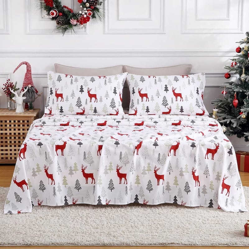 Christmas Red Christmas Reindeer Deer Bed Sheets Set with 16 Inches Deep Pocket - King