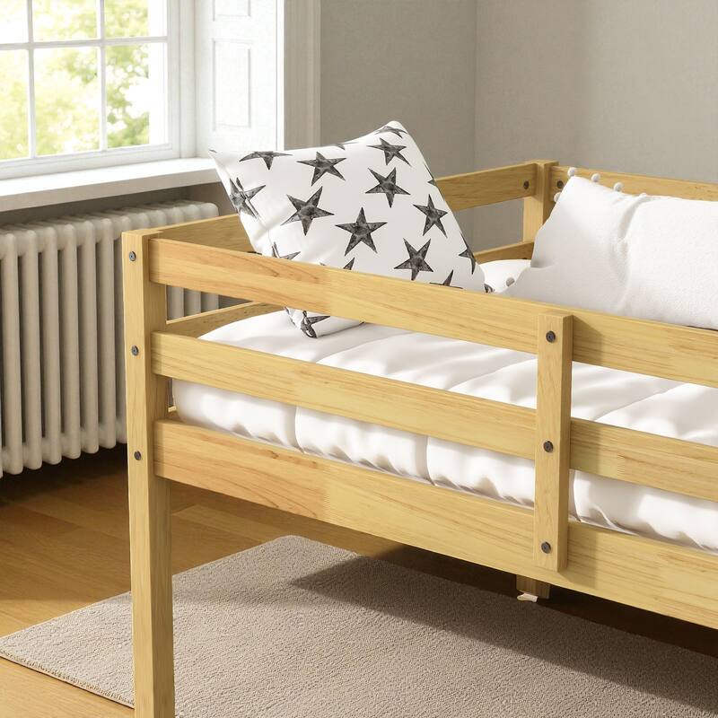 Solid Wood Twin Loft Bed with Ladder, Rubber Wood Frame Low Height Design with Guard Rails and Storage Space